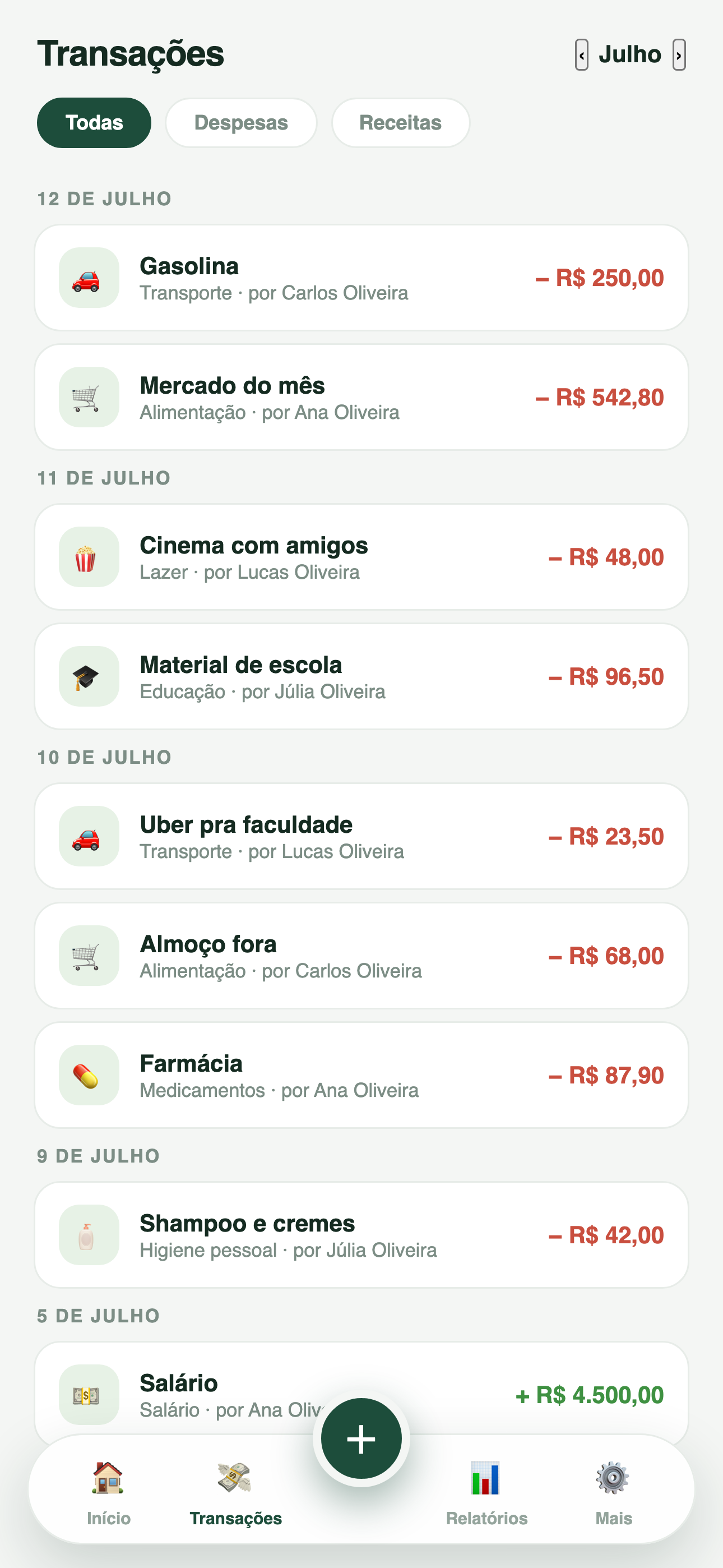 Extrato da casa com o nome de quem lançou cada gasto