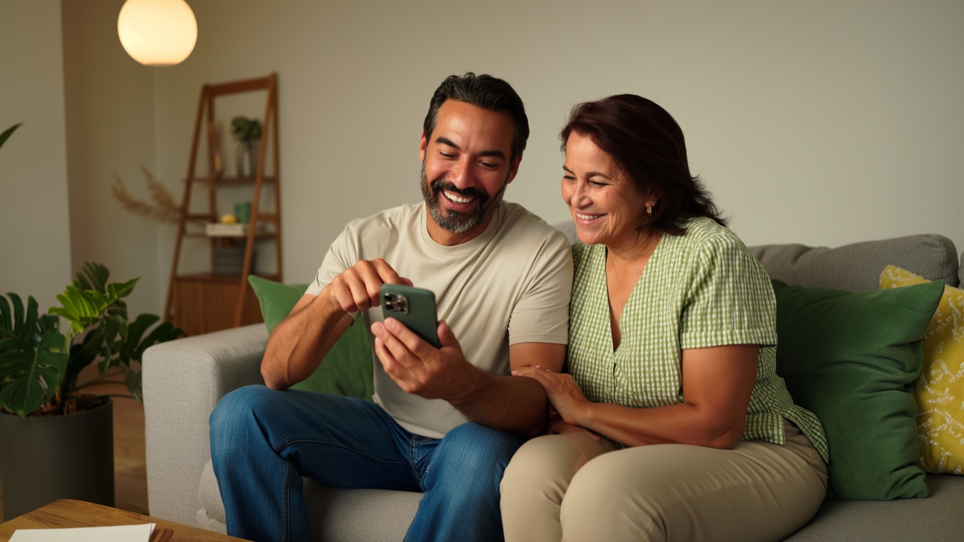 Casal conferindo as finanças no sofá
